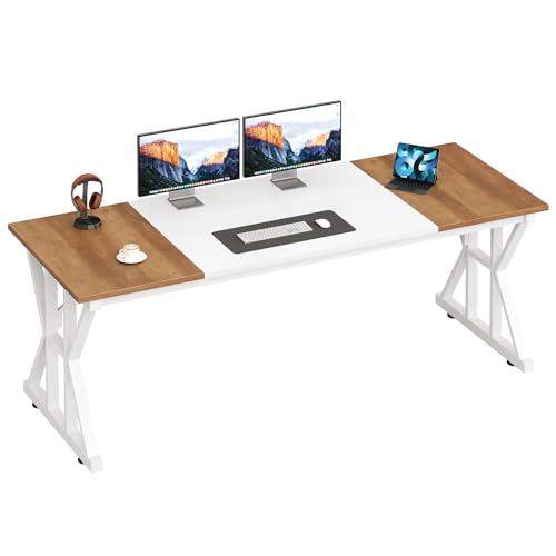 Image of 63 inch Large Computer Desk with Thickened Frame for Home Office, Living Room | Modern Simple Executive Desk, Larger Gaming Desk with X-Shaped ReInchforcement, Brown /White