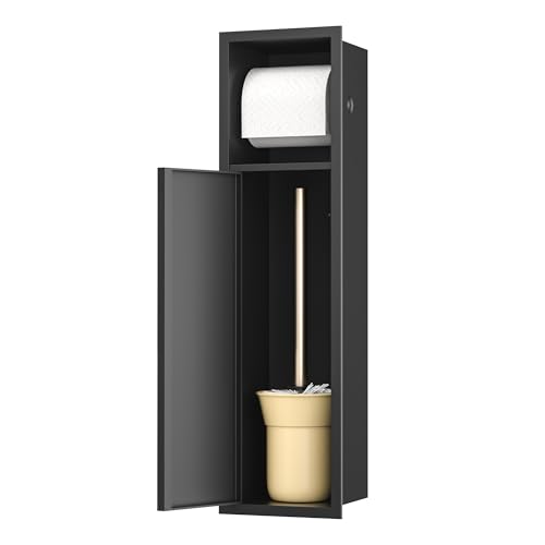 Bernkot Toilet Paper Niche, Recessed Toilet Brush Holder with Cabinet, 304 Stainless Steel Toilet Paper Holder for Bathroom Renovation (Black)