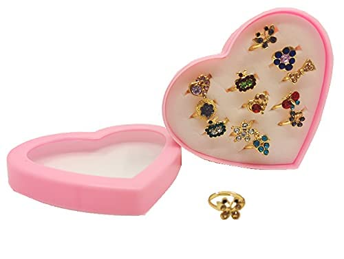 SAJANI 12Pcs Adjustable Colorful Ring Set With Beautiful Heart-Shaped Display Case, Kids Little Girl Jewelry Ring, Pretend Play and Dress up Rings