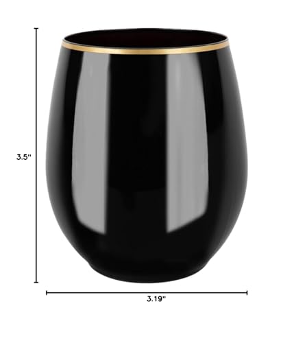 EcoQuality 12 oz Black Plastic Stemless Wine Glasses with Gold Rim, Disposable Unbreakable Shatterproof Elegant and Reusable Wine Tumbler for Partys, Weddings, Ideal for Indoor or Outdoor Events (42)