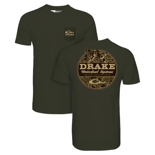 Drake Waterfowl Men's Old School Circle T-Shirt | Casual Lightweight Cotton Blend Tee w/Back Logo Print & Front Chest Pocket, Deep Depths Dark Heather, X-Large