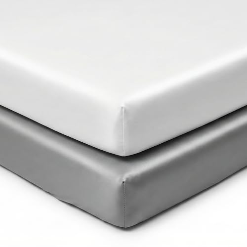 Image of Pro Goleem Satin Mini Crib Sheets 2 Pack, Grey & White Silky Soft Fitted Sheet for Baby Hair Protection, 38 inchx24 inchx5 inch Breathable Mattress Cover Compatible with Pack n Play & Portable Crib