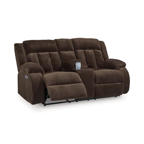 Image of Signature Design by Ashley Power Reclining Loveseat with Console, Free Wake, Wall Hugger Design with Zero-Draw USB Ports, Extra Plush Velvet Upholstery, Chocolate, 75 inch W