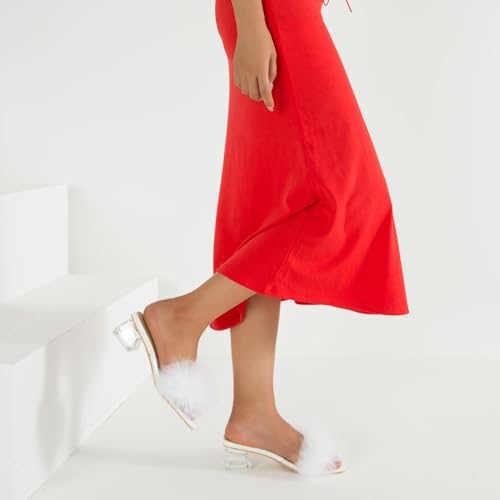 Heiyom Women's Square Toe Low Block Chunky Heels Mules Sandals Fluffy Feather Slip on Clear Heels Wedding Bridal Party Dress Shoes White 43 US103