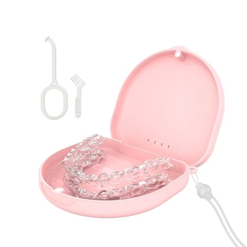 Zahnspangendose Zahnschiene Box Mit Silikon-Handgelenkband und Belüftungslöchern Retainer Case mit Entnahmewerkzeugen& Bürste (Rosa)