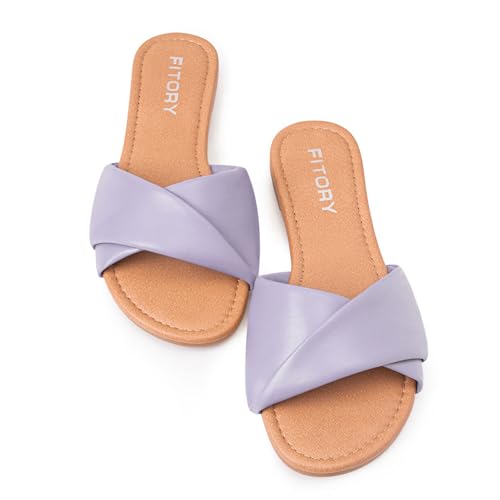 Image of FITORY Women's Flat Sandals Fashion Slides With Soft Leather Slippers for Summer Size 6-11