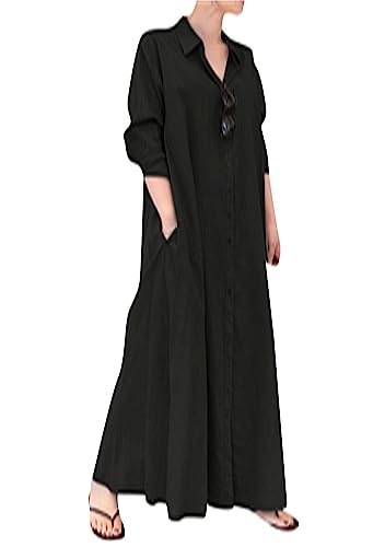 OMZIN Baumwolle Leinen Tunika Kleid Für Frauen Causal Button down Maxi Langarm Bluse Kleid Schwarz L