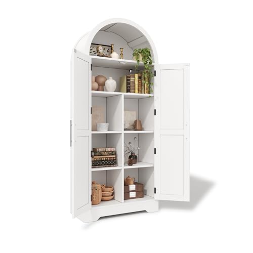 Merax Armario de cocina arqueado con puertas dobles, 4 estantes y parte superior abierta, estantería de pie con función de almacenamiento, armario de vitrina para cocina, comedor, salón, 70 x 35 x 170