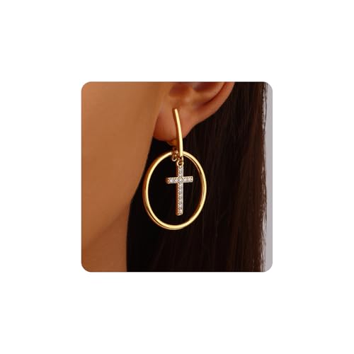 18K Gold Plated Hoop Cross Earrings for Women, Nickel-Free & Hypoallergenic, Lightweight Rhinestone Sparkly Cross Dangle Earrings, 1.79 Inch - Main Image