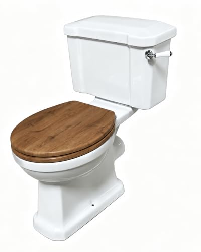 RETRO WC Ensemble de toilette couplé fermé, blanc Windsor, siège de toilette à dégagement rapide et doux avec design à effet bois, sortie horizontale/verticale