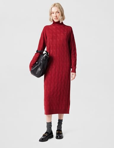 Tommy Hilfiger Damen Pullover-Kleid Soft Wool Cable mit Rollkragen, Rot (Regatta Red), M – Ansicht 3