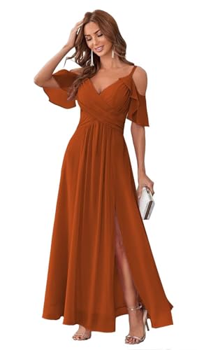 UZN Women's Chiffon Cold Shoulder Bridesmaids Dresses Long with Slit Formal Party Dress for Junior