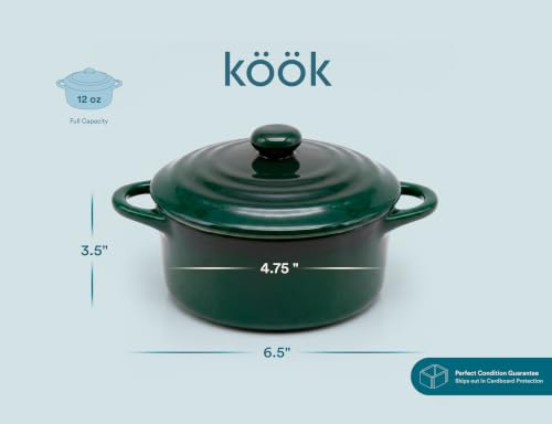 Image of Kook Mini Cocotte, Lids, Handles, Dutch Oven, Set of 4, 12 oz, Forest Green
