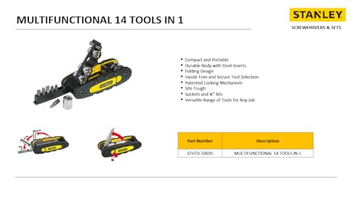 STANLEY STHT0-70695 Folding and Locking 14-in-1 Multi-Tool, Compact & Portable, KIT Contains Knife, Saw, Bottle Opener, File, Holder for Bits & Drive Adaptor for Sockets