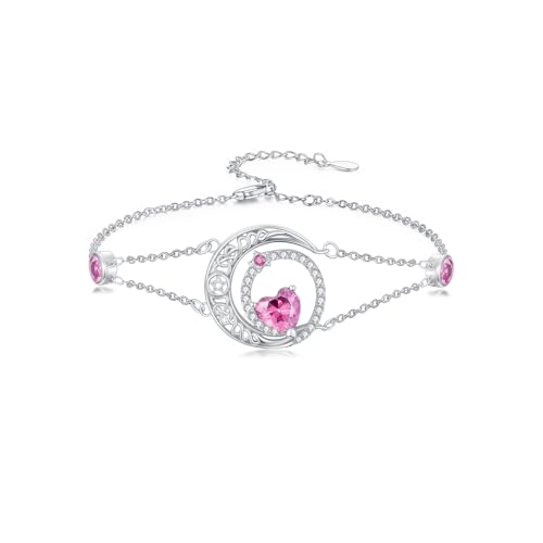 Image of Dorunmo 925 Sterling Silver Moon Heart Birthstone Anklet Bracelets for Women Best Mother's Day Birthday Jewelry for Wife Girlfriend Mom Her