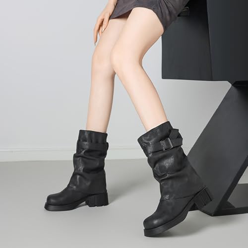 Women's Fold Over Dress Chunky Heel Knee High Boots Comfor Square Toe Gothic Moto Buckle Boots Wide Calf Slouch Riding Boots4