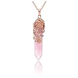 Jovivi Flower Wrapped Natural Rose Quartz Healing Crystal Necklace Hexagonal Prism Pointed Gemstone Pendant Pendulum Necklace Yoga Energy Reiki Quartz Jewelry for Women