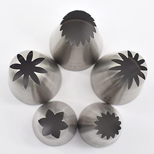 5 Pack Stainless Steel Seamless Piping Icing Tips #9FT 1C 1E 1M 4B, Large Star Piping Nozzle, Cake Decorating Tools for Baker