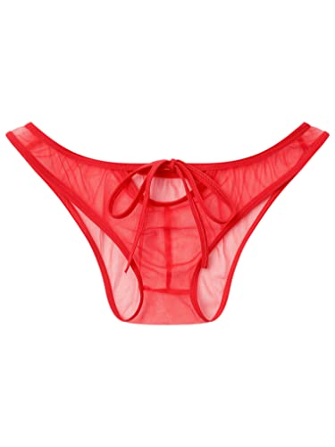 Hularka Men's Sissy Underwear Mesh Sheer Lace Up Cut Out Briefs Low Rise Panties Underpants Red One Size #TOP2
