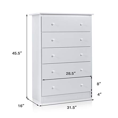 Giantex 5 Drawer Chest, Storage Dresser, Wooden Clothes Organizer Bedroom, Hallway, Entryway Furniture Large Storage Cabinet (White) #TOP2