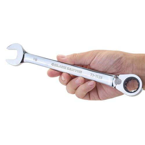 Image of BLACK CANYON 18 mm Ratchet Combination Wrench, 12-Point Box End & Hex Opening, Polished Steel Ratcheting Wrench with SAE & Metric Sizes