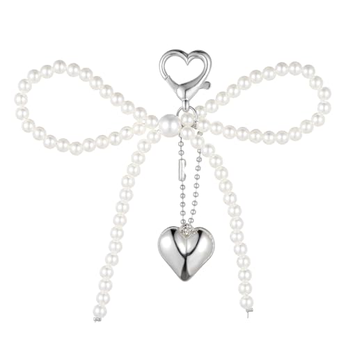 Andibro Schlüsselanhänger mit Perlenschleife, Schlüsselanhänger Süß Schlüsselringe Charms Silber Herz Perle Schleife Handyanhänger Kawaii Bogen Taschenanhänger Handy Anhänger Keychain Phone Charm