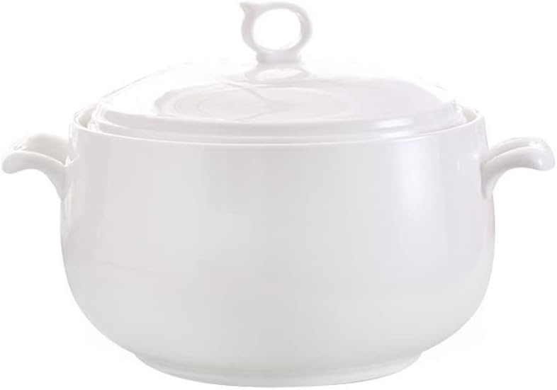 Vnook Ceramic Soup Tureen with Lid, 3L Large Capacity Serving Tureen with Double Handles for Kitchen, Porcelain, Pure White, Microwave and Dishwasher Safe (Color : Style 1)
