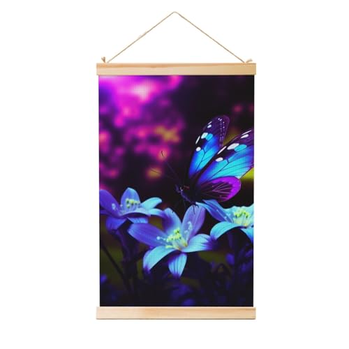 Œuvre d'art vintage imprimé fleur bleue avec suspension en bois