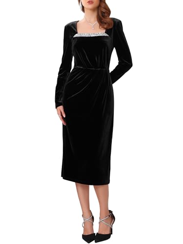 WOMLAYOUT Women's Formal Evening Dress Ruched Sequin Neck Midi Cocktail