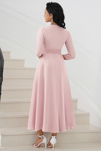 Image of FANDEE Maxi Dress for Women Casual 3 /4 Sleeve V Neck Semi Formal Fit and Flare Dress Classy High Waist Wedding Guest Dresses