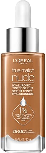 L’Oréal Paris True Match Nude Hyaluronic Tinted Serum Foundation with 1% Hyaluronic acid, Cool Deep 7.5-8.5, 1 fl. oz.