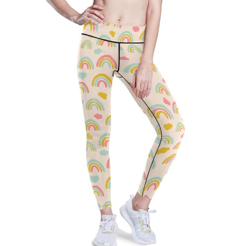 KLL Calças de ioga coloridas com arco-íris e nuvens de cintura alta para mulheres, calças de moletom