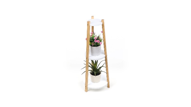 Relaxdays Support à Plantes 3 Niveaux Rond – Bambou & MDF, Design Moderne Blanc-Nature, Étagère Fleurs Intérieur 73,5 X 28 Cm