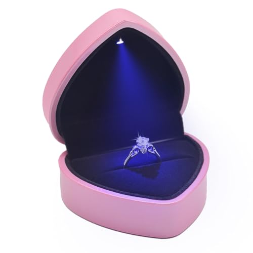 Eveynsh Luxury LED Lighted Ring Box - Heart Shaped Elegant Pink Ring Case for Wedding Rings, Perfect for Engagement, Proposal, Anniversary, Ceremony, and Gift Giving