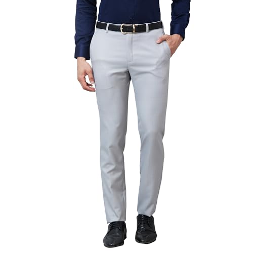 Image of Raymond Men's Slim Fit Mid Rise Structure Pattern Poly Viscose Blend Pleatless Formal Trouser