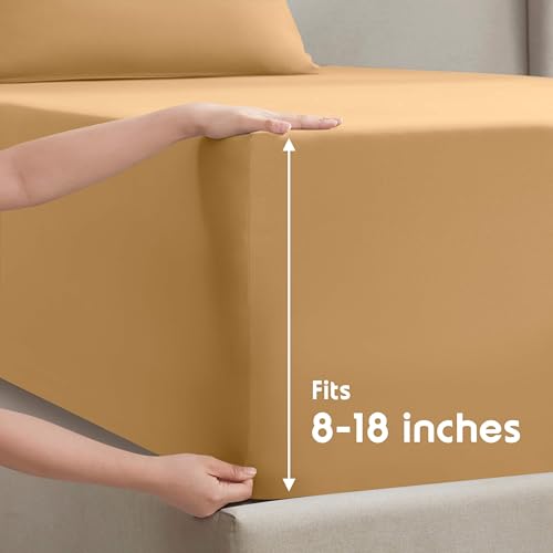 Image of Nestl Queen Bed Sheet Set - Camel Gold - 4-Piece Deep Pocket | Instantly Soft, Night-One Ready (No Wash Required). Fits 16-Inch Deep Pockets, 360-Degree Elastic Grip