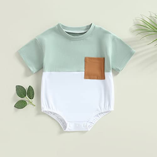 Kaipiclos Infant Baby Boy Girl Sweatshirt Bubble Romper Color Block Long Sleeve Hoodie Pullover Sweater Fall Winter Clothes (Color Block Short Sleeve Light Green, 0-3 Months) #TOP1