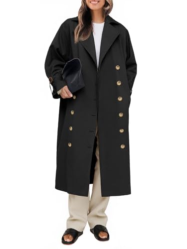 Image of Tankaneo Womens Long Trench Coat Oversized Double Breasted Windproof Classic Lapel Casual Fall Overcoat