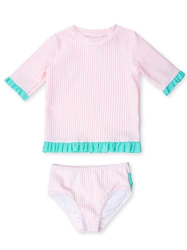 Image of RuffleButts Baby /Toddler Girls UPF50+ Sun Protection Seersucker Short Sleeve Ruffle Rash Guard Bikini - Pink, 7