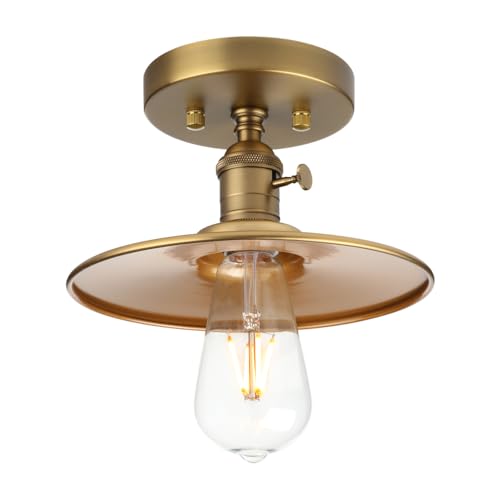 Image of Phansthy Ceiling Light Fitting E26 Vintage Metal Shade Hanging Semi Flush Mount Pendant Lamp, Industrial Edison Ceiling Light Fixtures for Kitchen Bedroom Hallway Loft (Flat Metal Shade -Antique)