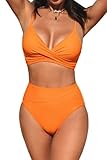 CUPSHE Women's Bikini Sets Two Piece Swimsuit High Waisted V Neck Twist Front Adjustable Spaghetti Straps Bathing Suit, M Orange