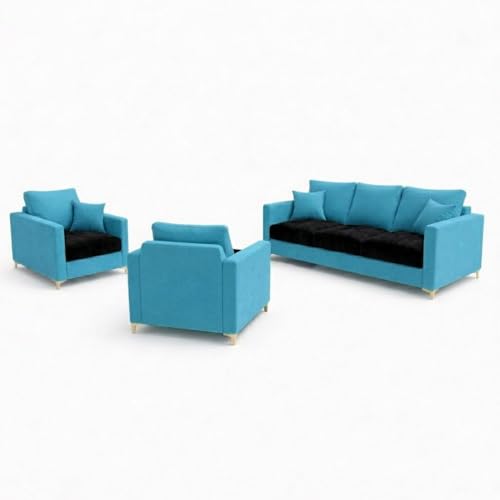 Image of Hayes Rich Velvet Suede 3+1+1 Seater Sofa Set | Golden Aesthetic Legs | Soft Touch Comfort | 5 Person Seating | Modern Living Room Set (Black-Aqua Blue)