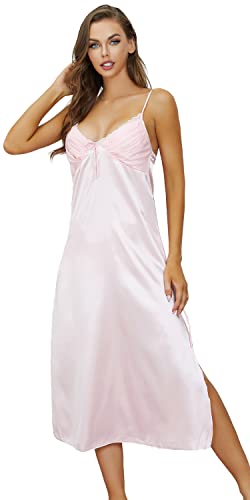 EPLAZA Women Plain Satin Chemise Long Slip Night Dress Gown Sleepwear Loungewear (Medium, pink)