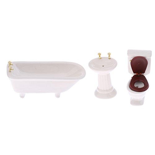Fenteer 1/12 Puppenhaus Badezimmer Möbel - Mini Badewanne + Waschbecken + Toilette - 3tlg/Set