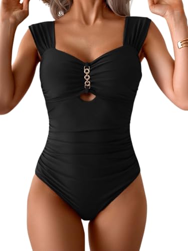 Eomenie Women's One Piece Swimsuit Tummy Control Cutout Bathing Suit Push Up Wide Straps Swim Suit