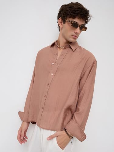 Image of VASTRADO Burnt Clay Sheen Crinkled Boxy Fit Crop Shirt