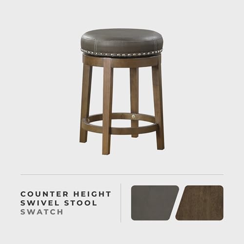 Lexicon Kenmare Swivel Stools Set of 2, Rustic 360 Degree Backless Swivel Counter Stools, Faux Leather Upholstered, Solid Wood Frame, Easy Assembly, Round Top, Foot Rest, 25" Gray