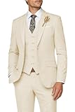SPTALLFITJSV Mens Suit 3 Piece Cream Suits Slim Fit 3 Piece Suit Cream Suits for Wedding Man Elegant Solid V-Neck Single Breasted Vest Pants Blazer Sets Size XL