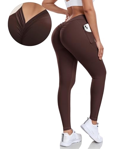 TURBOFIT Leggings femininas com decote em V nas costas com bolso para levantar bumbum, controle de b