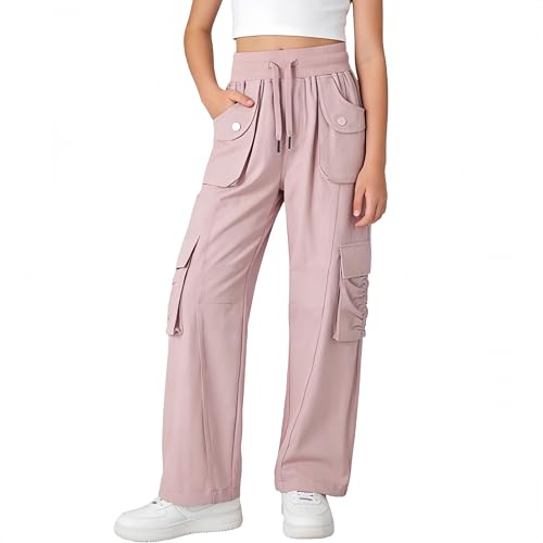 Catálogo de Ropa de Acampada y marcha para Niña los mejores 10. 45 Rolanko - Pantalones cargo impermeables para niñas, pantalones de senderismo con bolsillos, ligeros de secado rápido para viajes escolares de 8 a 14 años, rosa oscuro, 12-13...